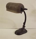 C/1910 signed Handel bronze desk lamp w/acid etched Pine Thistle amber shade 