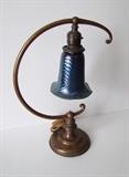 C/1910 Bronze Desk lamp w/signed “Orient and Flume” pulled feather Art Glass shade, 16 1/2" h. 