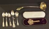 C/1890's Gorham Sterling Ladle w/enamel work ~ C/1890's Sterling Bonbon spoon w/case ~ Small group of Mid 19th C. Coin Silver spoons