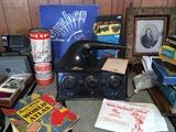 Vintage Gusher Game, Victrola Radio, Ornate Picture Frame, Victory World Atlas, Reddy Kilowatt Promo Aprons.  Tinkertoy, Lincoln Logs