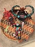 Hopi sifter basket, ceremonial gourd figure, kachina's
