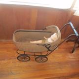 Baby Carriage Buggy Antique Doll Wicker Stroller Pram Victorian Canopy