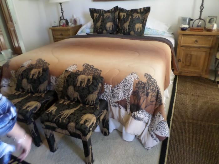 KIng Bed, King Bedding, Animal Print Benches, Throw Pillows (12) and spread