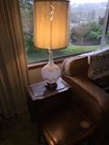 Pair of mid-century frosted glass side table lamps with gold detail