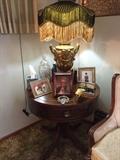 Federal style pedestal table with drawer and a very cool urn style lamp with tassel shade