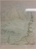Leon Loughridge, "Cathedral Peak", hand colored copper plate etching, 11/50, signed, titled and numbered in pencil lower edge.