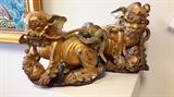 Chinese Foo Dog (Shishi Lion Dogs) male & female, gilded carved hardwood, c. 1790. 