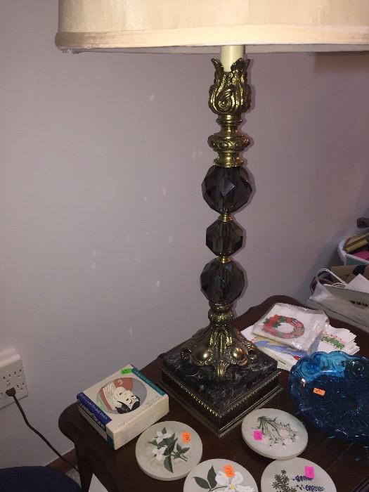 VINTAGE SMOKY GLASS AND MARBLE LAMP