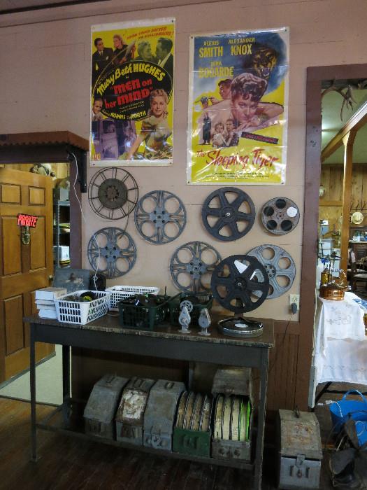 Goldberg Bros Vintage Aluminum Movie Film Reel, Vintage Movie Rewind Table, Movie Reel Cases, Movie Posters