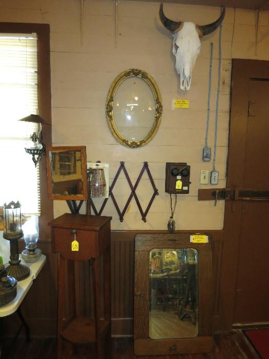 Antique Shaving Stand, Western Electric Wall Box Phone, Beautiful Oak Beveled Mirror, Steer Mount