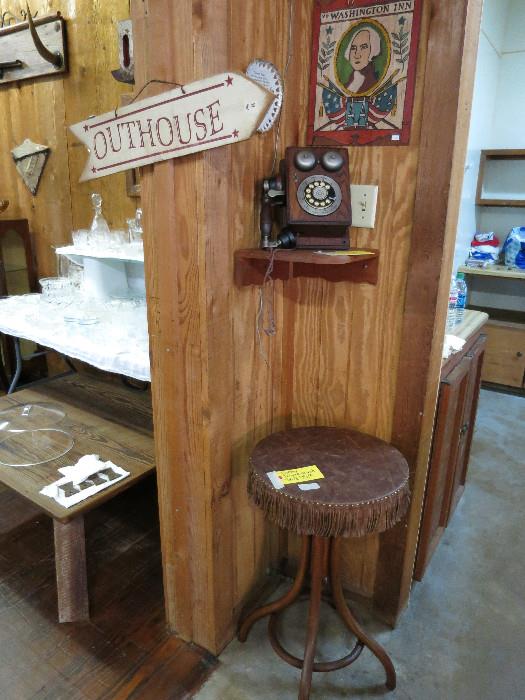 Vintage Western Electric Rotary Dial Telephone, Leather Fringed Accent Table