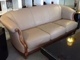 CONTEMPORARY LEATHER SOFA, NEOCLASSICAL CARVED WOOD BASE, EXCELLENT GENTLY USED CONDITION