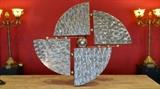 LARGE RARE MID CENTURY CURTIS JERE 1978 SCULPTURE, SHEETS OF ALUMINUM THAT FORM A FRAGMENTED CIRCLE, ACCENTED WITH BRASS