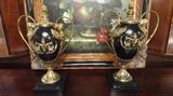 PAIR GILT BRONZE AND BLACK GRANITE URNS, APPROX 19"H