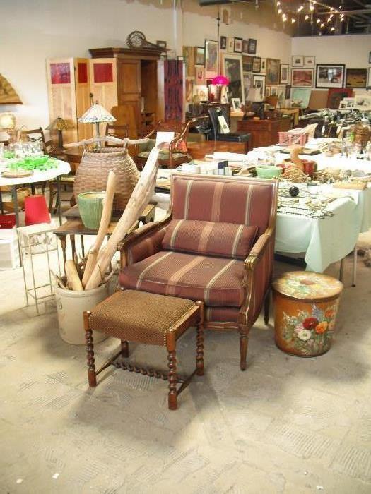 Baker Furniture bergère chair; Tudor barley twist ottoman; Red Wing crock; driftwood