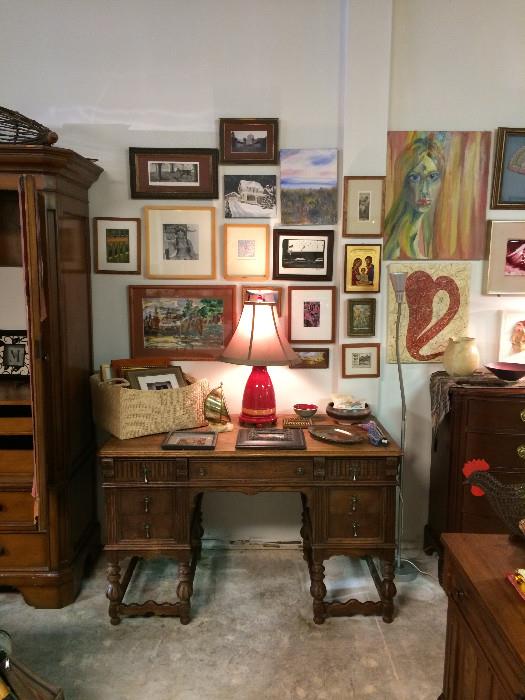 Vintage desk, decorative table lamp, variety of original art