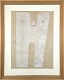 Original angelic woodblock by Melvin Larson. This mid-century modern original woodblock by listed artist Melvin Larson, who was an important part of many emerging artists in the 1970's and 1980's. This piece still has the original gallery tags, which are a rarity in the art world. This piece is made on handmade paper. Upon first look, you are looking at the letter H, but then you find the divine that comes out in the form of an angel. Tilted  "Angel" original woodblock Dimensions: Approx. 17 in X 21 in Date of Creation: Mid-century Possible markings or signature under original matting, did not take apart for examination. Original gallery tag on reverse. Value: Approx. Low $150 to High $350 