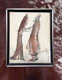 Two Rabbi's discussing the Sabbath. This is a great piece of art that will highlight religious or mid century modern collection. Someone took a lot of time and energy to immortalize these two Rabbis into something extraordinary. This small piece of modern art is perfect in large groupings or as a standalone in a small space. Art is in its original frame. Dimensions: 9.5 in X 11 in