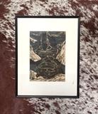 "Grandpa" with his pipe by Ledin. This piece speaks to the heart of ones grandfather. Could it be your grandpa or mine? The strong hands that tilled the land, raised children or labored tirelessly. This is what the piece evokes, a deep sense of curiosity in the men and people that lend themselves to our lives. Never thinking of anything ever than themselves, what a great way to look on to these men than with something that is a constant reminder of who they are to us. Surely a piece that will bring back many years of memories from times past. As you look at this piece, you start to see more and more images that come out in the fine details. Original gallery tag is still on the back. Description: "Grandpa" and his Pipe print on fine paper. Medium: Linoleum Block Print Dimensions: 11 in X 19.5 in Date of creation: 20th Century Price: Approx. Low $80 to High $120 