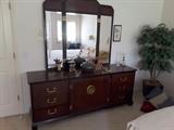 Chinese Bedroom Dresser with 3 Part Mirror, 6 Drawers on either side and one middle Cabinet, decorative Asian Collectibles, Tall Corner Plastic Tree Plant