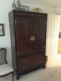 Tall Asian Armoire Bedroom Dresser, 7 foot tall, 2 lower drawers, 2 doors opens up with several interior drawers for clothing and assessories