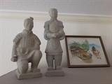 Asian Statues, Decorative; Boat on Lake Scene, Watercolor