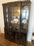 Highly decorative - approximately 8 foot Tall Chinese In-laid Glass Cabinet/Breakfront, opens with 3 doors and 4 shelves and 3 lower cabinets