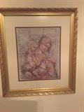 Mother and Two Children Drawing in Gold Frame