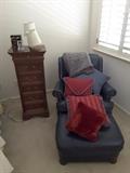 Blue Leather Arm Chair and matching Ottoman, Red and Blue Throw Pillows, Woven Blanket, Tall High Boy Jewelry Chest, 2 Mini Waterford Crystal Lamps, Small Asian Jewelry Chest and Decorative Glass Statue.
