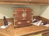 Small Tansu Jewelry Chest. Collectible Wood Carved Asian Man. Two Olive Wood Carved Dolphin and Shark Wood Statues.