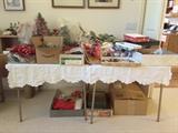 Collection of Christmas Decorations, Ornaments, Pine Cones in Basket, Bows, Ribbons, Small Trees, Decorative Flowers, Stockings and Christmas Cards and Tags, and Wrap. Nice Selections!
