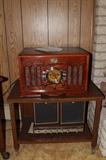 Antique radio, speakers and receiver.