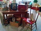 Antique sofa/wall table  Red chair w/leather seat