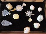 Halcyon Days enamel boxes. Swarovski and Waterford ornaments.