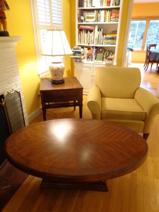 Ethan Allen upholstered chair with coffee and side table friends.