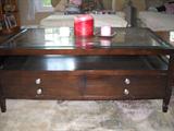 coffee table, 4 drawers all open from both sides, glass top
