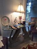 sofa table, glassware