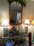 sofa table, mirror, lamps