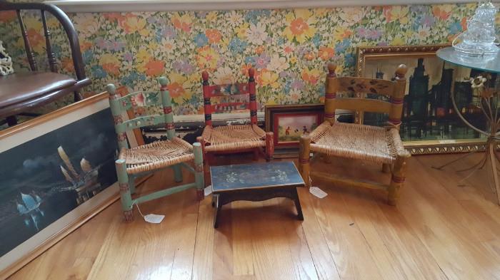 Primitive painted rush-seat kids chairs