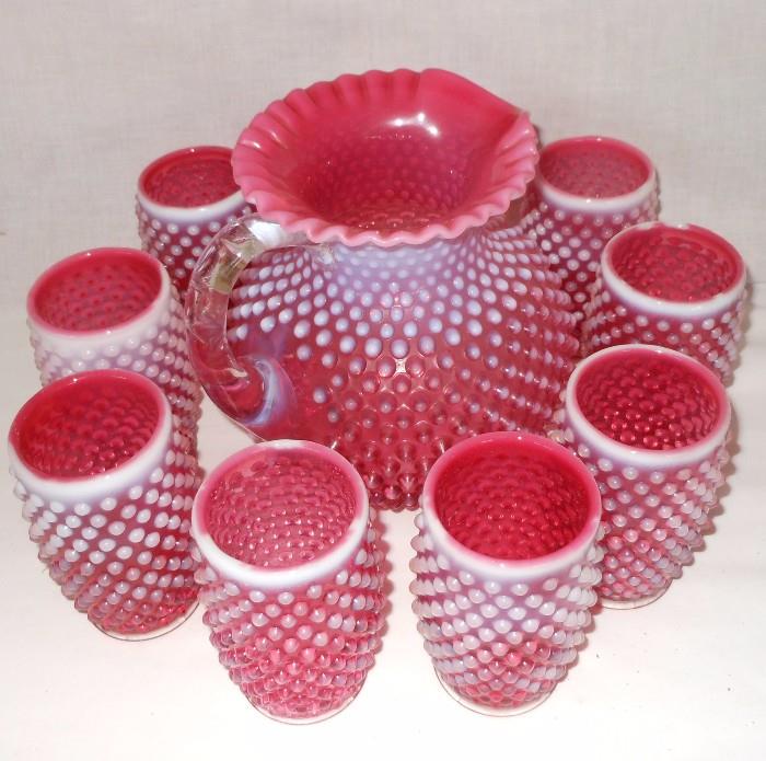 Very Excellent Cranberry Hobnail Pitcher and 8 Tumblers