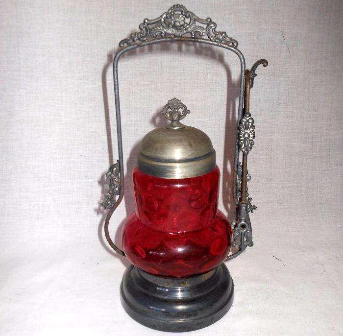 Lovely Cranberry Glass Pickle Castor with Tongs 