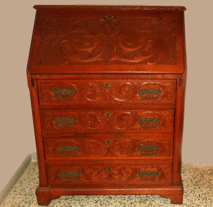 Beautifully Carved Small Antique Secretary