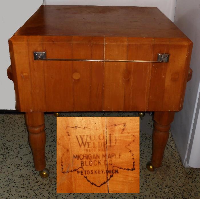 Wood Welded Hand Made Large Butcher Block Table by the Michigan Maple Block Co. Petoskey, Michigan, dated February 1954