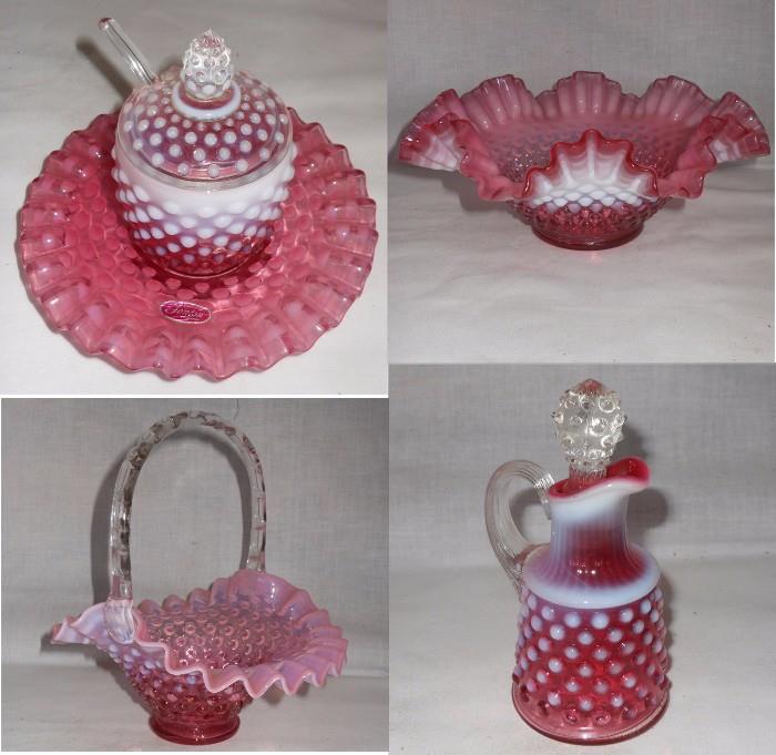 More Excellent Cranberry Hobnail Pieces, Upper left is marked Fenton 