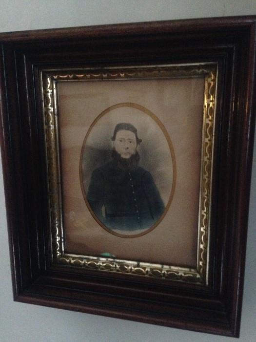 Rare Etching of a Civil War soldier in original frame, Hand Colored