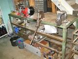 metal work bench, double grinder, vice, and shell loader