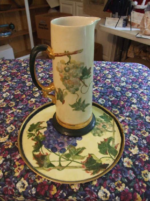 J.P LARGE FRENCH PITCHER WITH HAND PAINTED GRAPES MOTIF.