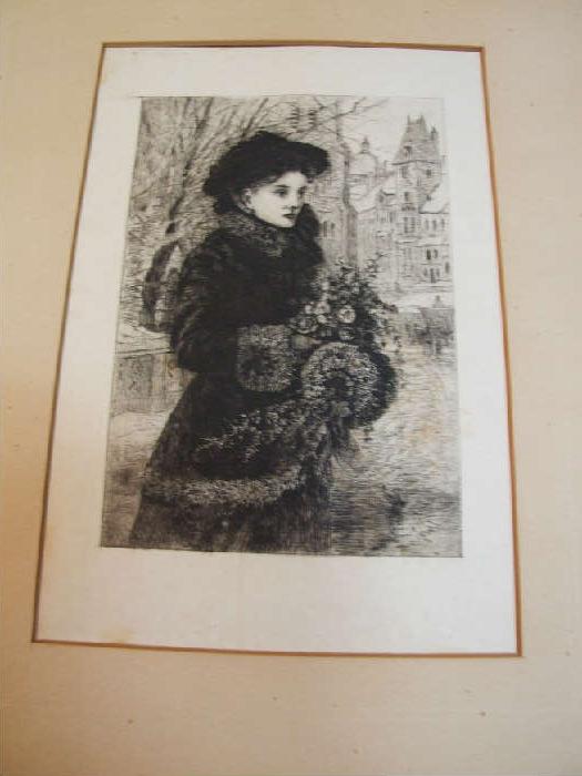 FRAMED PEN & INK OF VICTORIAN WOMAN IN LONDON. UNSIGNED AND ARTIST UNKNOWN. VERY DETAILED AND UNIQUE