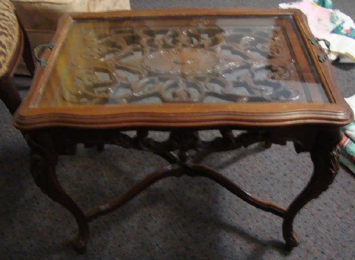 Carved Table with removable glass tray