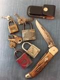 Vintage pad locks,  Kabar folding knife 